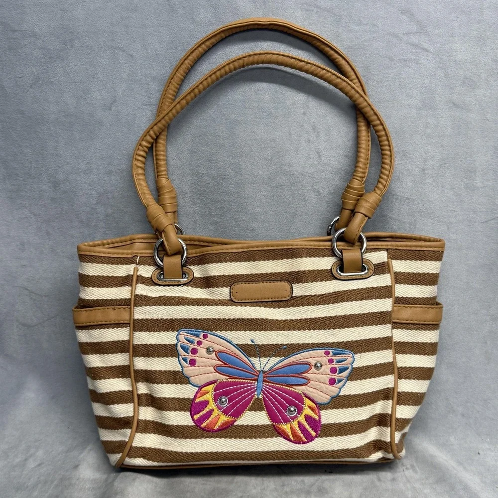 Rosetti Shoulder Bag Womens Medium Brown Stripe Butterfly Embroidered Purse